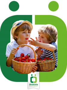 Zwei Kinder mit Körben voller Erdbeeren